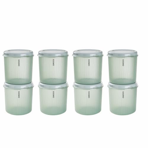 Amazon Brand – Solimo Storewell Linea Plastic Storage Containers Set of 8 (1.9L Each) | BPA-Free, Stackable & Transparent Ribbed Kitchen Storage Jars, Coral Green