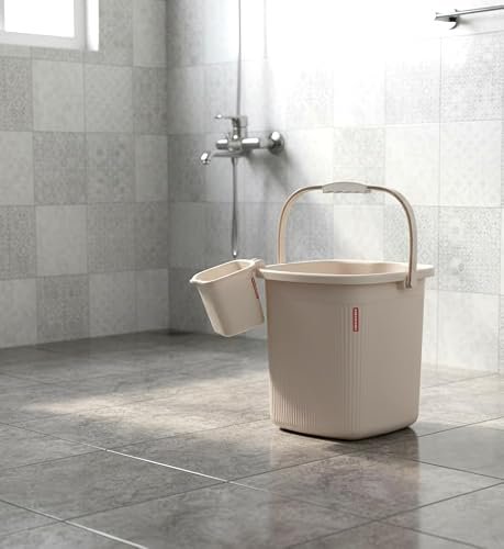 Modware Square Ribbon Plastic Bucket Set with Mug | 25L Brown Bathroom Bucket with Handle + 1.5L Mug | Heavy-Duty Polypropylene + Co-Polymer | Stylish & Durable Bath Set (Cream 25 L)