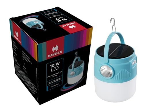 Havells Solar Lighthouse NXT 10W| 360° Light Distribution| 4000 mAh Lithium-Ion Rechargeable Battery| 2 Light Modes| Torch – Usage up to 7 Hours Multi-Function Canopy Light for Camping & Marketplace