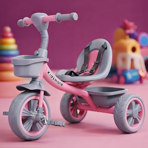 Kidsmate Starlight Premium Tricycle for Kids 2 to 5 yrs | Trikes for Boys & Girls | Baby Cycle with Eva Wheels, Bell and Toy Basket | Safe & Stylish Ride-On Bike | Max User Weight 30kg – Pink