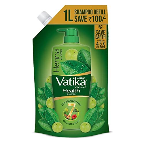 Dabur Vatika Health Shampoo – 1 L (Refill Pouch) | With 7 Natural Ingredients | For Smooth, Shiny & Nourished Hair | Repairs Hair Damage, Controls Frizz | For All Hair Types | Goodness of Henna & Amla