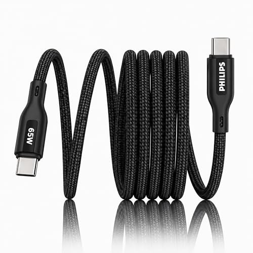 PHILIPS DLC4130CB/94 65W Type-C to Type-C Fast Charging Cable (1m, Dark Slate) | Nylon Braided | Compatible with iPhone 15+ Series, USB-C iPad Models, Samsung Galaxy & All Type C Devices