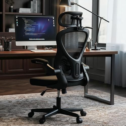 DROGO Ergonomic Office Chair for Work from Home with Breathable Mesh, Flip-up Armrest, Adjustable 3D Headrest & Lumbar Support | Computer Chair for Study | Gaming Chair with 130 Recline (Black)