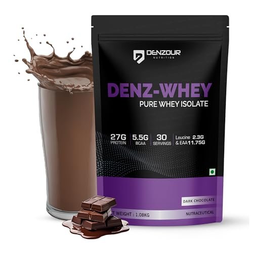 DENZOUR NUTRITION Denz Whey Isolate Protein Powder for Men & Women | 27g Protein + 5.5g BCAA per Scoop | Fast Absorbing, Easy to Digest | Dark Chocolate Flavour | 1.08 kg, 30 Servings