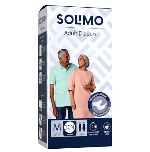 Amazon Brand – Solimo Adult Diapers Tape Style | Medium Size | 30 Count | Waist 28-45 Inch (71-114 cm) | Fast Absorption | Leak Proof | Unisex | For Men & Women