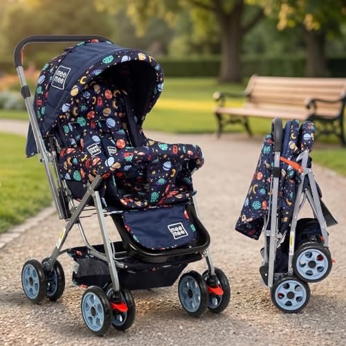 Mee Mee Little Explorer Baby Stroller/Pram for 0–3 Years | Foldable with Reversible Handle | 5-Point Safety Harness | Adjustable 3-Position Recline | 360° Wheels & Large Storage Basket | Navy Blue