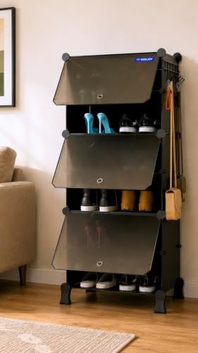 BOXJOY 6 Shelf Shoe Rack with 3 Doors, 5 Hook Steel Holder & Wooden Hammer