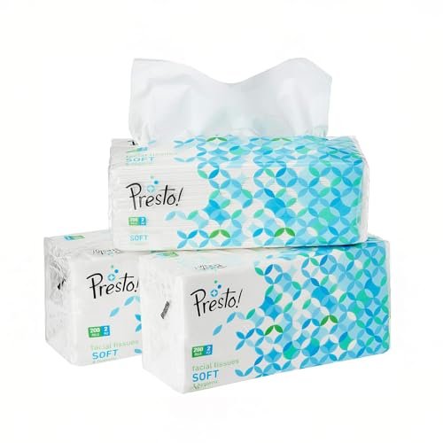 Amazon Brand – Presto! 2 Ply Facial Tissue Box | 600 Pulls | 200 Pulls X 3 Cartons | Soft And Highly Absorbent | 100% Natural Virgin Cellulose Fiber