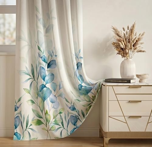BSB HOME 100% Blackout Curtains Set of 2 for Door & Window, Floral Print Room Darkening Curtains for Living Room, Bedroom & Balcony Privacy Drapes, 7 Feet (121 x 213 cm) – Eucalyptus Trail