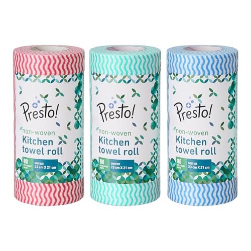 Amazon Brand – Presto! Non-Woven Kitchen Towel Roll | 80 Pulls (Pack of 3) | Size: 23 x 21 cm | Wavy Pattern (Red, Blue & Green) | Washable and Reusable | Highly Absorbent | For Daily Use