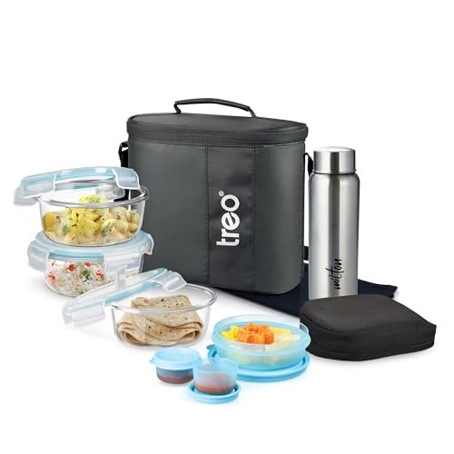 Treo by Milton All Weather Borosilicate Glass Round Tiffin Set of 8,Water Proof Carry Jacket & Steel Bottle,Microwave-Oven Safe,Leak Proof,Air Vent Lid,Scratch Resistant,Ideal for Office,School,Black