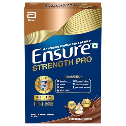 Ensure Strength Pro | High Protein Nutritional Drink for Adults | Rich Chocolate (400g) | 30g Protein, Low GI, Gluten Free | L-Carnitine| No Artificial Flavors | Scientifically formulated with Power of 7- Muscles, Bones, Heart, Immune System, Metabolic System, Nervous system, Blood Cells health
