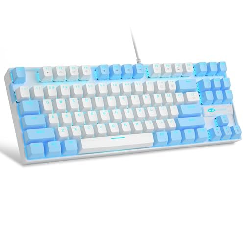 MageGee 75% Mechanical Gaming Keyboard with Red Switch, Led Blue Backlit Keyboard, 87 Keys Compact Tkl Wired Computer Keyboard for Windows Laptop Pc Gamer – White/Blue