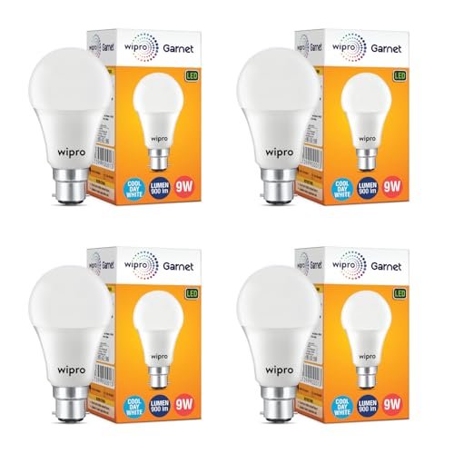wipro Garnet 9W LED Bulb for Home & Office |Cool Day White (6500K) | B22 Base|220 degree Light coverage |4Kv Surge Protection |400V High Voltage Protection |Energy Efficient | Pack of 4