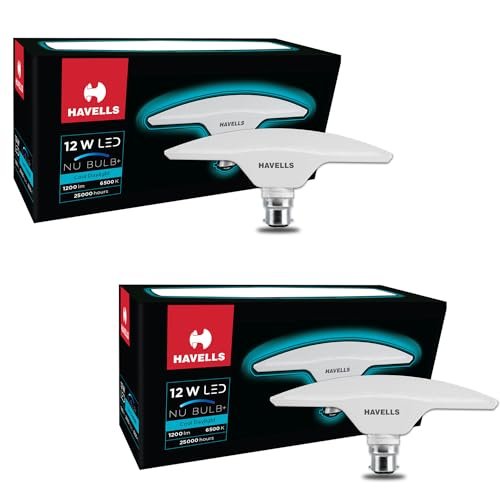 Havells T Shape NU Led Bulb 12W B22 Base|14% Wider Light Spread|100 Lumens Per Watt|Inbuilt 4.0KV Surge Protection| 320 Degree Rotation For Multiple Applications (6500K,Cool Day Light) – Pack Of 2