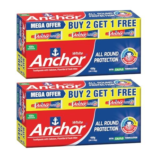Anchor All Round Protection White Toothpaste 900g (450g x 2) with Free Premium Toothbrush | CALFLO Calcium & Fluoride Formula for Stronger & Whiter Teeth, Cavity & Germ Protection | 100% Vegetarian