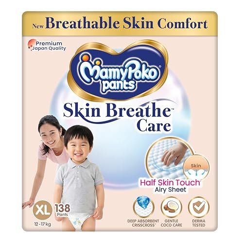 MamyPoko Pants Skin Breathe Care | Baby Diapers Extra Large Size (XL) | 138 Count | 12-17Kgs | Half Skin Touch Airy Sheet | 3X Breathable | Derma Tested