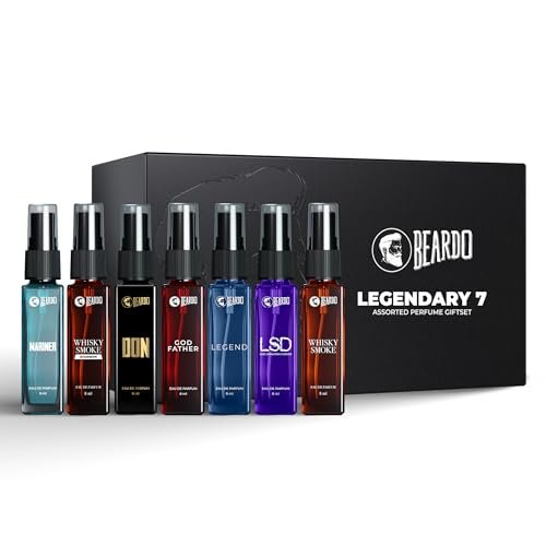 Beardo Legendary 7 Assorted Perfume Gift Set for Men 7X8ml with Long Lasting Fragrances | Travel Pack with Mariner Whisky Smoke Dark Side God Father Tsunami & Black Musk | Rakhi Gift for Brother | Gift for boyfriend | Gift for Men | Gift for Brother