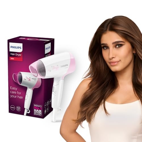 Philips India’s No.1 Hair Styling Brand – Foldable Hair Dryer | 1200W | Fast Blow Dry | 2 Heat Settings | ThermoProtect Tech |Travel-Friendly, Quick Dry | Frizz Control For Indian Hair | HP8120