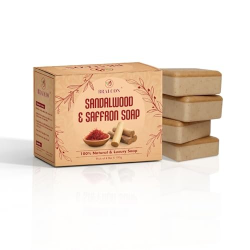 BRALCON Sandalwood and Saffron Natural Luxury Soap, 100g Bars, Pack of 4, 100% Natural Ingredients