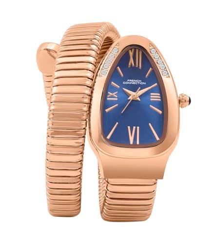 French Connection Eternelle Curve | Blue Dial with Rose Gold Case | Flexible Wrap Bracelet Strap | Crystal Accent Design | Roman Numerals Analog Watch for Women – FCN0142URGM