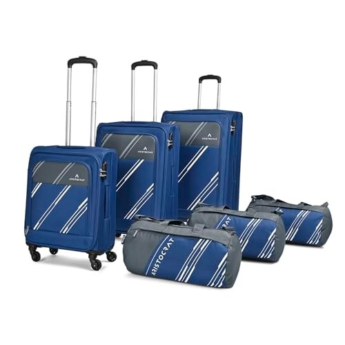 Aristocrat Polyester Trigon Hexa Active Luggage Set of 6-3 Trolley Bags (Cabin 55Cm+69Cm+79Cm) & 3 Duffle Bags 52Cm for Travel with 5 Years International Warranty (Navy Blue,Soft,4 Spinner)