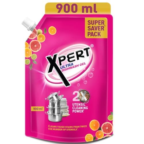 Xpert Dishwash Liquid Gel 900 ml | 2X Cleaning Power | Tough on Grease | Residue Free | Gentle on Hands | Orange Fragrance | Refill Dishwash Soap Pouch For All Utensils