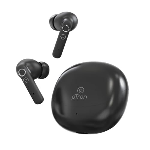 pTron Bassbuds Tunes V2 In-Ear TWS Earbuds with Stereo Sound, 40Hrs Playtime, Stereo Calls, Bluetooth V5.3 Headphones with Quick Pairing, Touch Control, Voice Assistant, Type C Charging & IPX5 (Black)