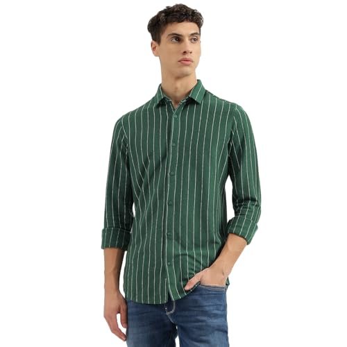 United Colors of Benetton Regular Fit Spread Collar Striped Shirts (Size: L)-24A5JCQJ3185I902 Dark Green