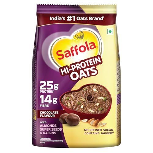 Saffola 25g High Protein Oats | 14g High Fibre | 1kg | Chocolate flavour | No Refined Sugar | With Almonds, Raisin, Pumpkin and Chia Seeds | Rolled Oats for Weight management & Muscle gain