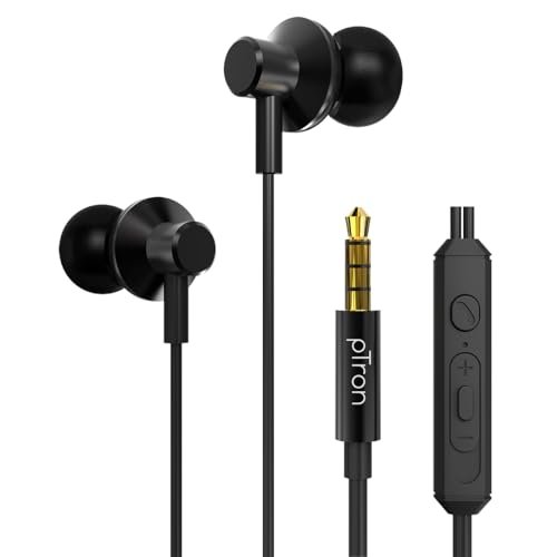 pTron Pride Lite in-Ear Wired in Ear Earphones with in-line Mic, 10mm Driver, Immersive Sound, Metal Buds, Compatible with 3.5mm Aux Port Device & 1.2m Tangle-Free Cable (Metallic Black)