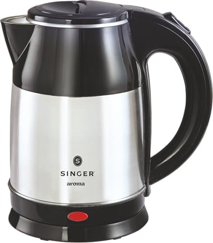 SINGER Aroma Electric Kettle 1.8 Litres | 1500 Watts | Silver and Black | Stainless Steel | Cool-Touch Handle and Lid | Auto Shut Off | Tea & Coffee, Instant Noodles, Rice, Soups | 1 Year Warranty