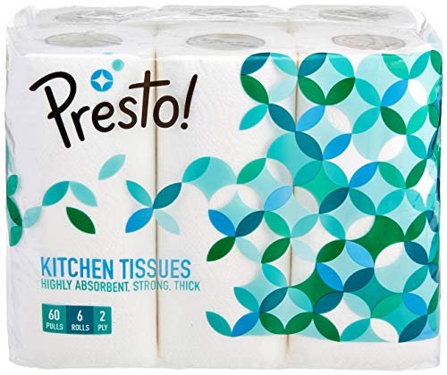 Amazon Brand – Presto! 2 Ply Kitchen Tissue Rolls | 360 Pulls | 60 Kitchen Towels X 6 Rolls | Soft And Highly Absorbent | 100% Natural Virgin Cellulose Fiber