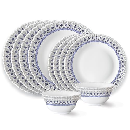 Larah by Borosil Ocean Fluted Series Opalware Dinner Set | 12 Pieces for Family of 4 | Microwave & Dishwasher Safe | Bone-Ash Free | Crockery Set for Dining & Gifting | Plates & Bowls | White
