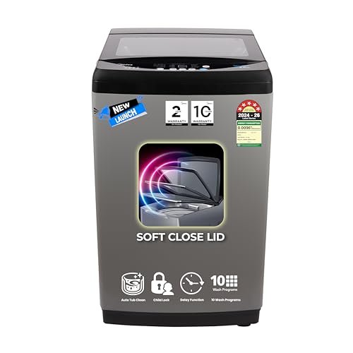 Midea 9kg 5-Star Top Load | Fully Auto | Soft Close Glass Lid | Hydrowave Stainless Tub | 10 Wash Programs | Auto Drum Clean | Magic Filter | Child Lock | Delay Wash | Inox Grey | MWMTL090FP1GNIG