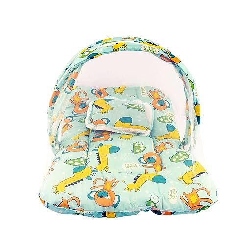 Bumtum Baby Teddy Girrafe Mosquito Net & Neck Pillow, Baby Gadda Set for New Born, 0-6 Month, Printed Baby Bedding, Sleeping Bed of 71cm x 47cm x 5cm, Sea Blue, Cotton, Free Size