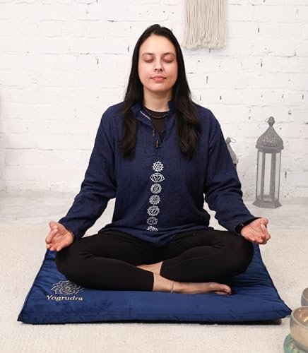 Yogrudra Meditation Mat – Cotton Filled Yoga and Meditation Pad | Meditation Cushion for Kneeling and Sitting Support | Large Rectangular Sitting Floor Pillow |Blue |