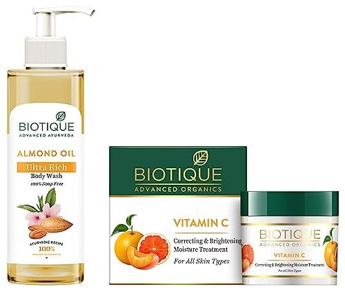 Biotique Vitamin C Correcting & Brightening Non Greasy Face Cream, 50g Younger Looking Nourished & Bright Skin & Almond Oil Ultra Rich Body Wash, 200ml
