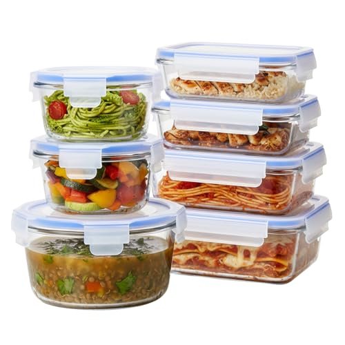 Amazon Brand – Solimo Glass Food Storage Container Set, Round & Rectangular – Pack of 7, Airtight & Leakproof, Microwave & Freezer Safe, Transparent