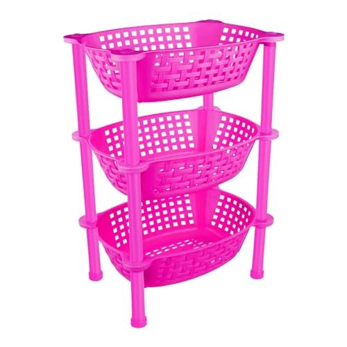Sulfar Multipurpose Plastic Trolley with Dish Rack for Kitchen Vegetable Storage Basket Modern Organizer – 3 Layer Stackable Shelf Cart Food, Snacks, Bottles, Toys, Tiered Shelf (Pink)