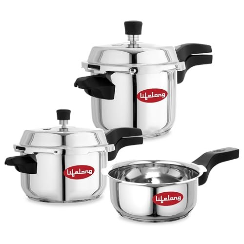 Lifelong Stainless Steel Pressure Cooker | Set of 3 | 2L, 3L & 5L | Induction & Gas Stove Compatible with Outer Lid, ISI Certified & Lock System |Safe & Durable Kitchen Essential with 5 Years Warranty