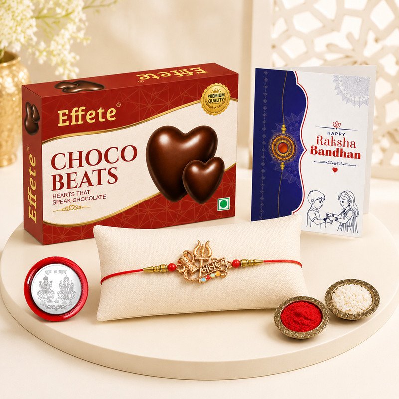 Effete Religious Rakhi Combo with Choco Beats(32gm) |Rakhi for Brother/sister|Rakhi|K1_68_CB32 Assorted Rakhi, Chawal Roli Pack, Coins, Greeting Card  Set(1Pc Rakhi , Chocolate , Greeting Card , Silver Coin , Kanku Chokha)