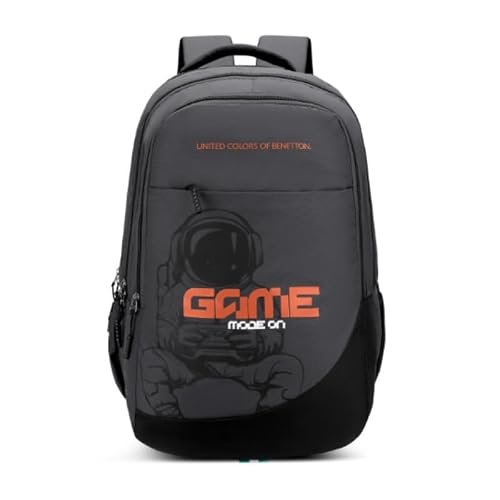 United Colors of Benetton Backpack Falcon – Grey | Printed High School Bag With 3 CompartMen’sts, Airmesh Padding & 1-Year Warranty – 38L Capacity | Daypack For School Girls & Boys