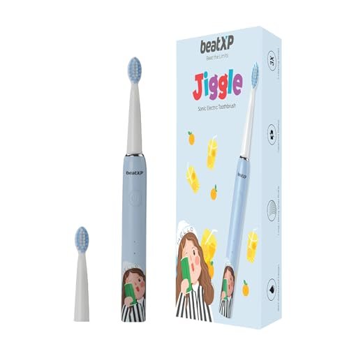 beatXP Jiggle Sonic Electric Toothbrush for Kids with 2 Brush Heads & 3 Cleaning Modes | Rechargeable Electric Toothbrush | 20500 Strokes/Min with Long Battery Life (Baby Blue),1 Count