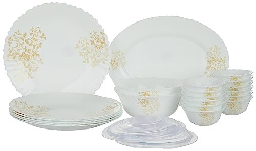 Larah by Borosil Ingot Fluted Series Opalware Dinner Set | 23 Pieces for Family of 6 | Microwave & Dishwasher Safe | Bone-Ash Free | Crockery Set for Dining & Gifting | Plates & Bowls | White