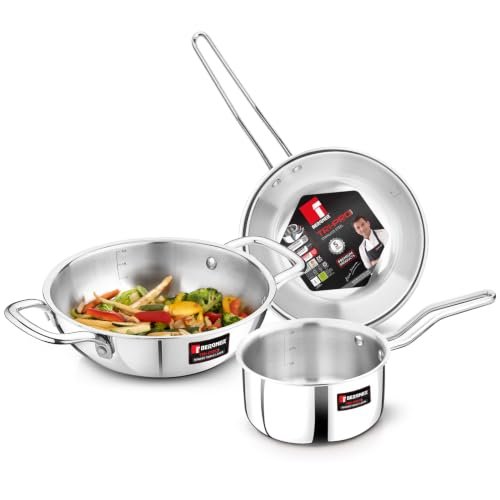 Bergner BE Essentials TriPro TriPly Stainless Steel 3 Pcs Cookware Set – 24cm (3 L) Kadai, 14cm (1.1 L) Teapan, 22cm (1 L) Frypan, Consumes Less Oil, Even Heat Distribution – Induction Bottom