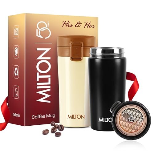 MILTON His N Her Gift Set I Thermosteel Vacuum Insulated Stainless Steel Couple Coffee Mug for Travel with Strainer, ISI Certified, Hot & Cold, Anti Skid Bottom, Set of 2,300 ml,Ivory & Black
