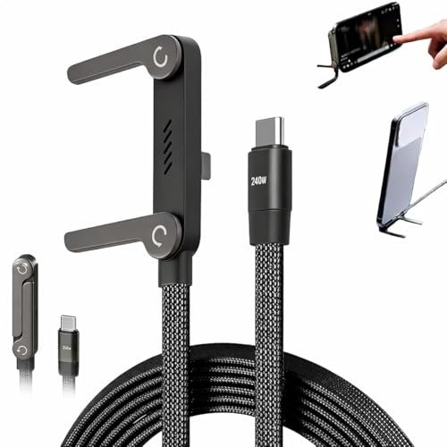 Hddify 240W USB-C to USB-C Holder Charging Cable with Foldable Adjustable Metal Phone Stand, 4.9 FT Fast Charging Cable, 360° Rotating Invisible Desk Holder for Gaming, Office, Home & Video Calls