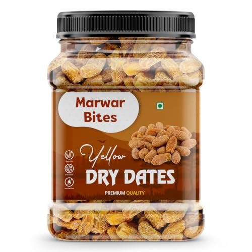 MarwarBites Yellow Dry Dates 1kg | Premium Sukha Khajoor | Natural Dry Chuhara | Sweet Pili Kharak | Traditional Indian Kharek | Jar Pack for Festive Use & Everyday Snacking