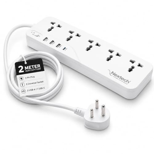 Nextech 9-in-1 Extension Board with 20W Type-C PD, 3 USB Ports, 5 Universal Sockets & 2M Long Cord, 2500W Power Strip Surge Protector with Switches for Home, Office, Computer & Appliance